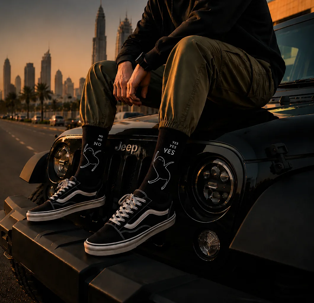 ProBoxs socks worn on a Jeep at sunset in Dubai